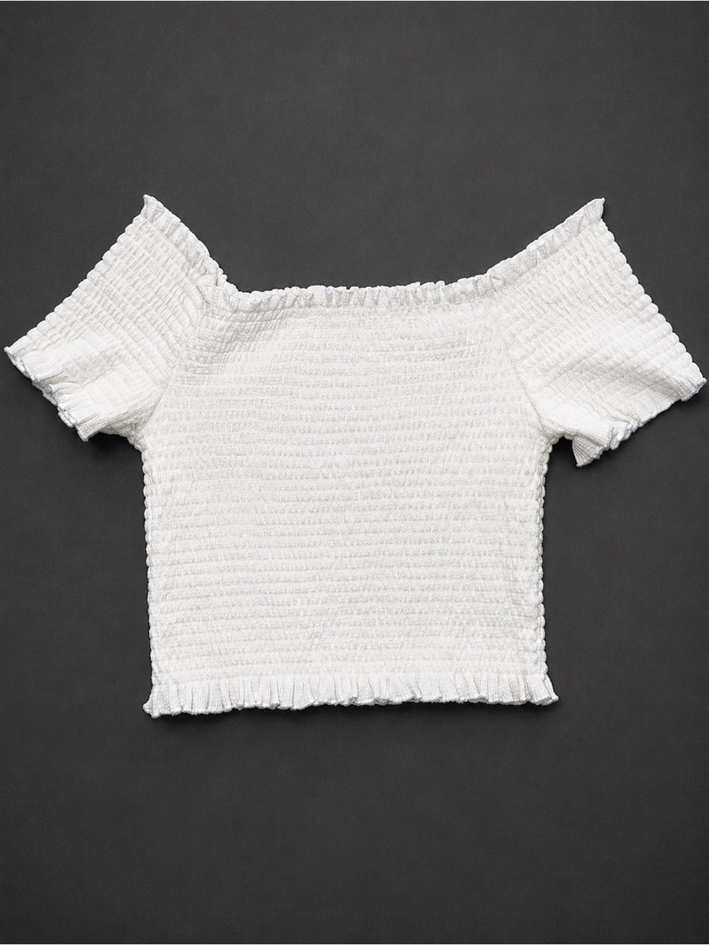 Aqua White Smocked Off-Shoulder Crop Top